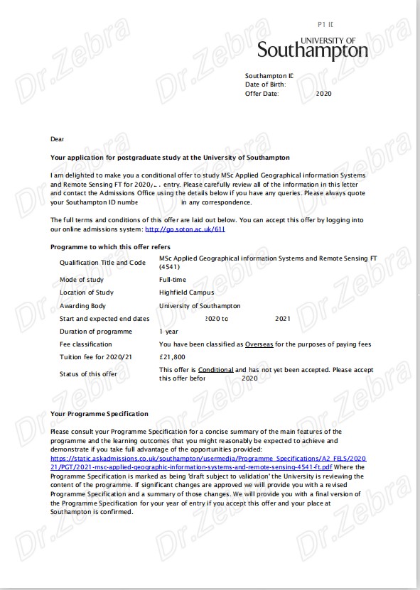 斑马博士、斑马博士留学中心、南安普顿大学、 University of Southampton 、MSc in Applied Geographical Information Systems and Remote Sensing 、 应用地理信息系统与遥感硕士