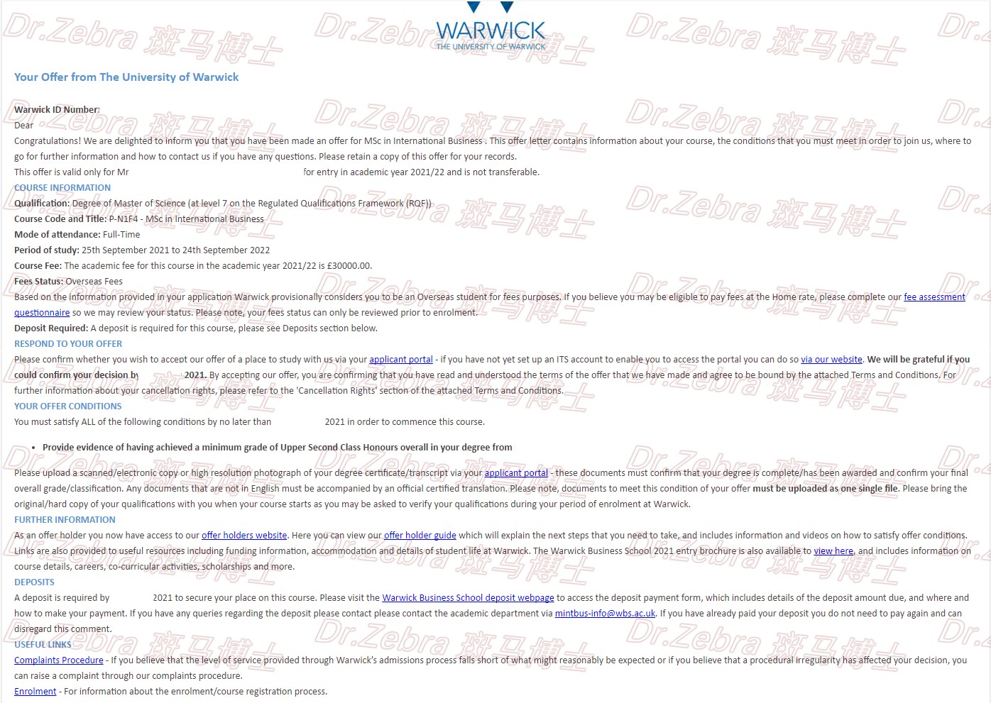 斑马博士留学中心、斑马博士、华威大学、The University of Warwick、 MSc International Business、国际商务硕士