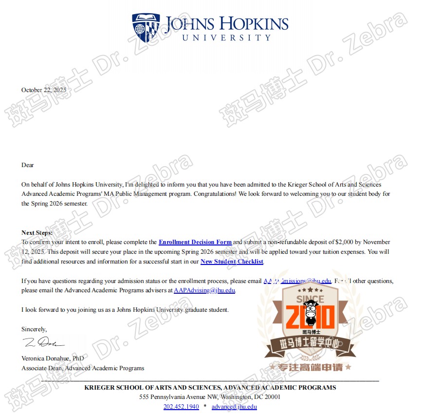 Johns Hopkins University MA in Public Management硕士录取! Johns Hopkins University MA in Public Management硕士录取!