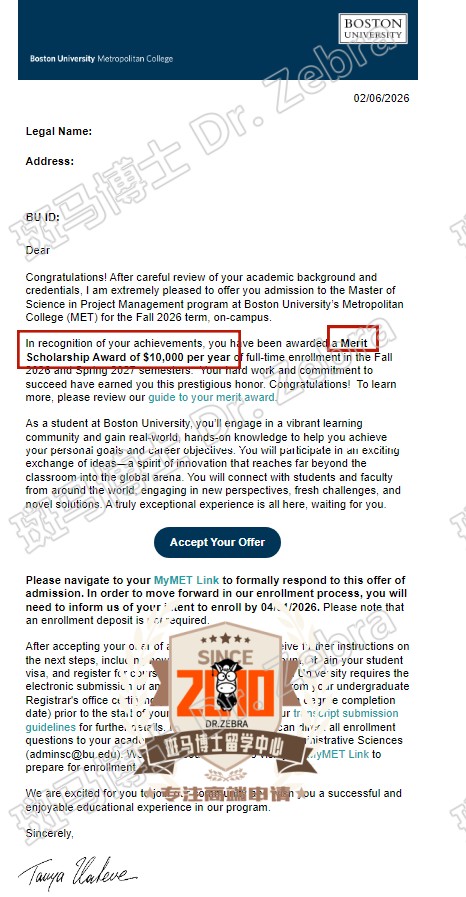Boston University Master of Science in Project Management硕士录取+10000美元奖学金！