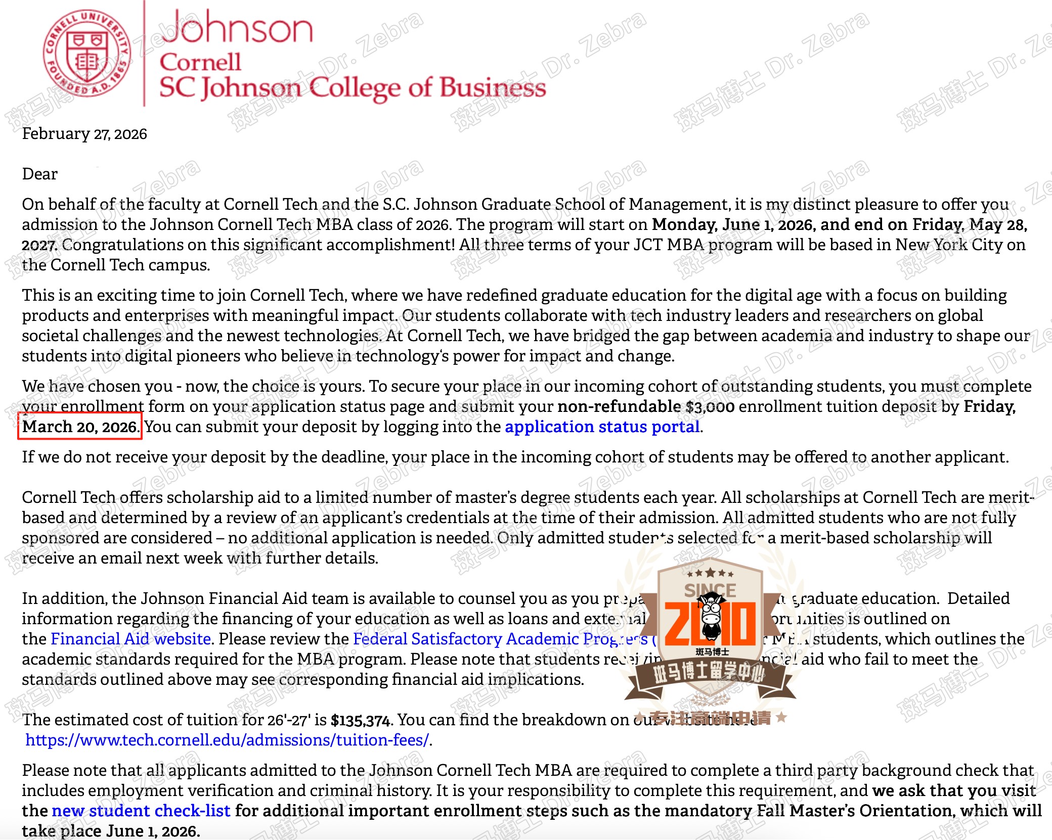 Cornell University MBA硕士录取+25000美元奖学金！